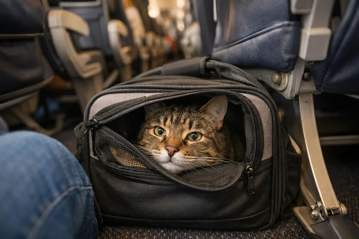 Tabby cat peeking out of a soft-sided carrier under an airplane seat