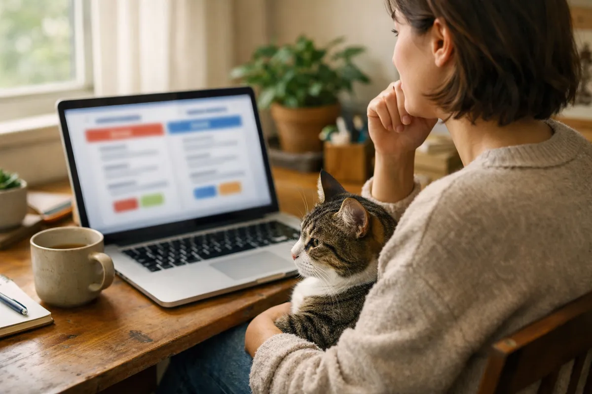 Person at a desk browsing pet shipping options on a laptop with a cat in their lap