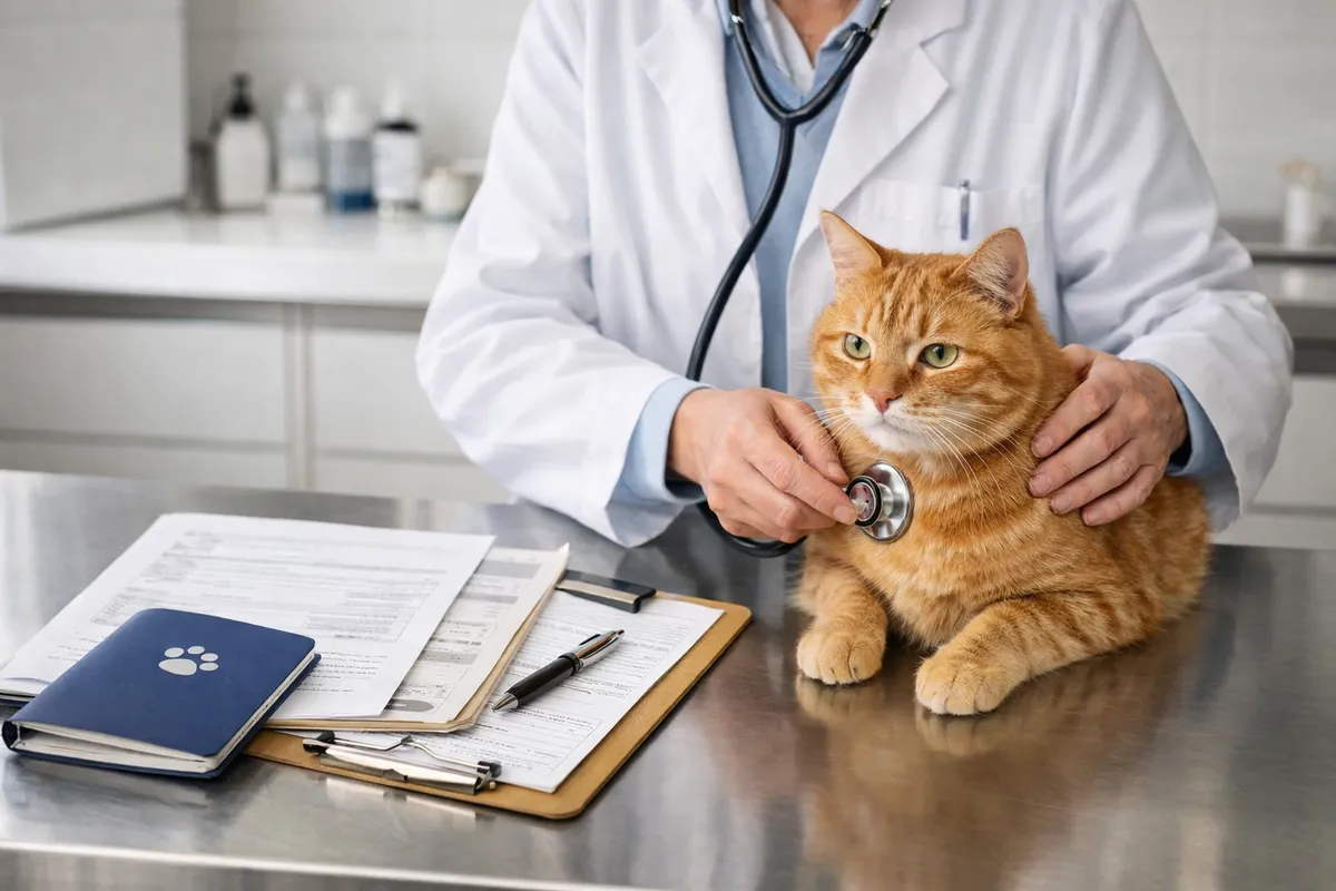 Veterinarian examining an orange cat with documents and pet passport on the counter