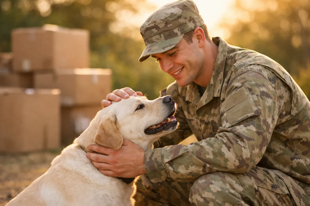Service member kneeling and petting a labrador with moving boxes in the background
