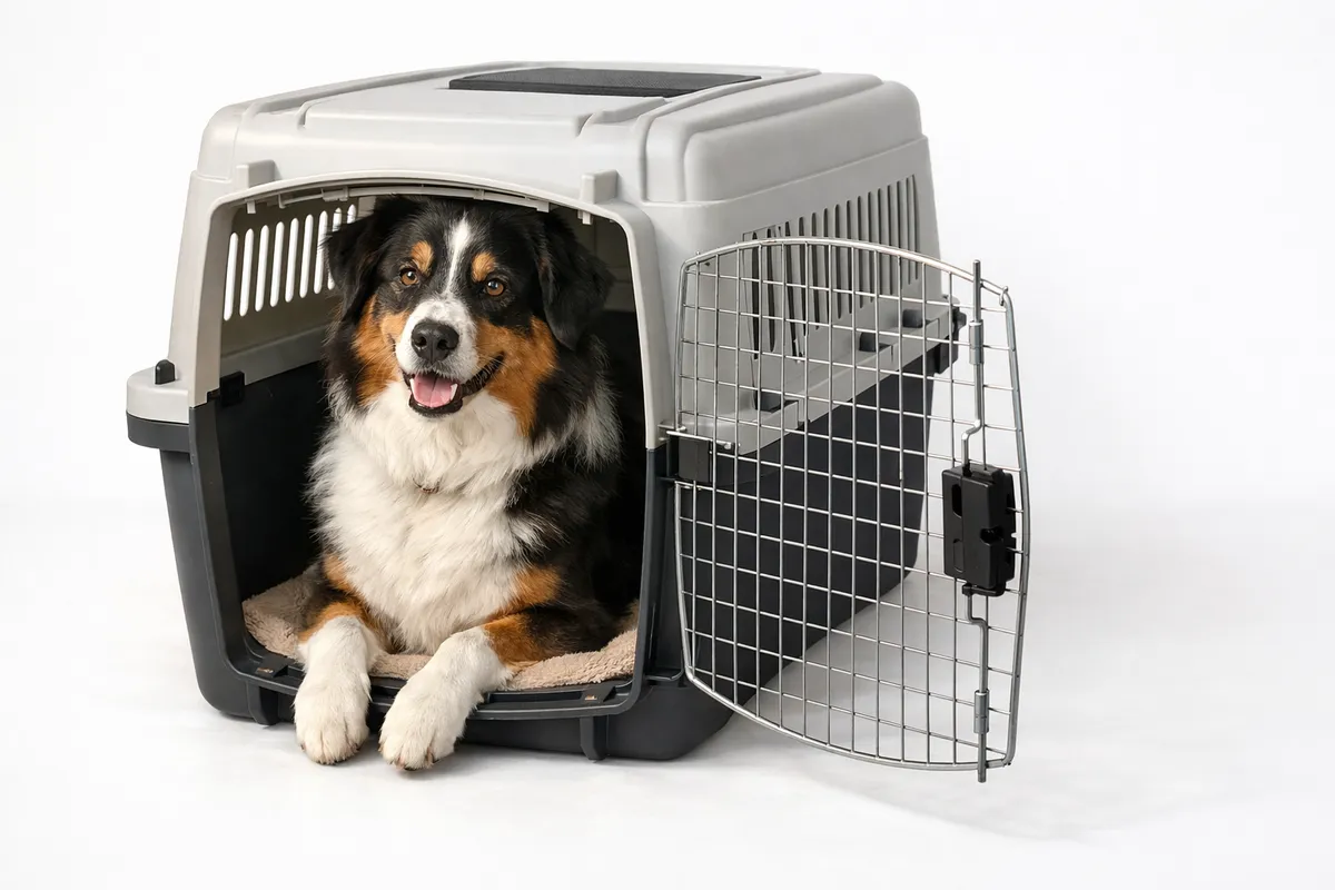 Golden retriever sitting calmly inside an airline-approved travel crate