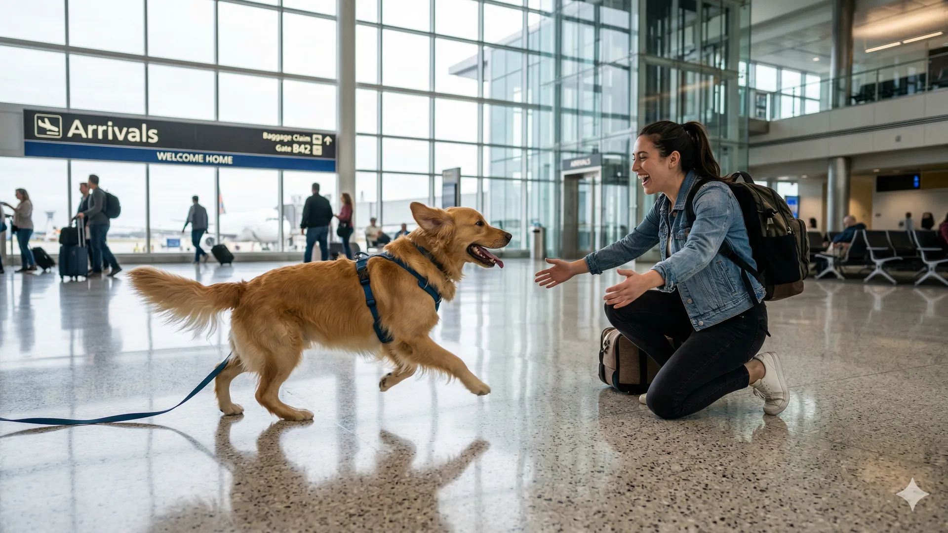 Dog greeting owner at airport arrivals